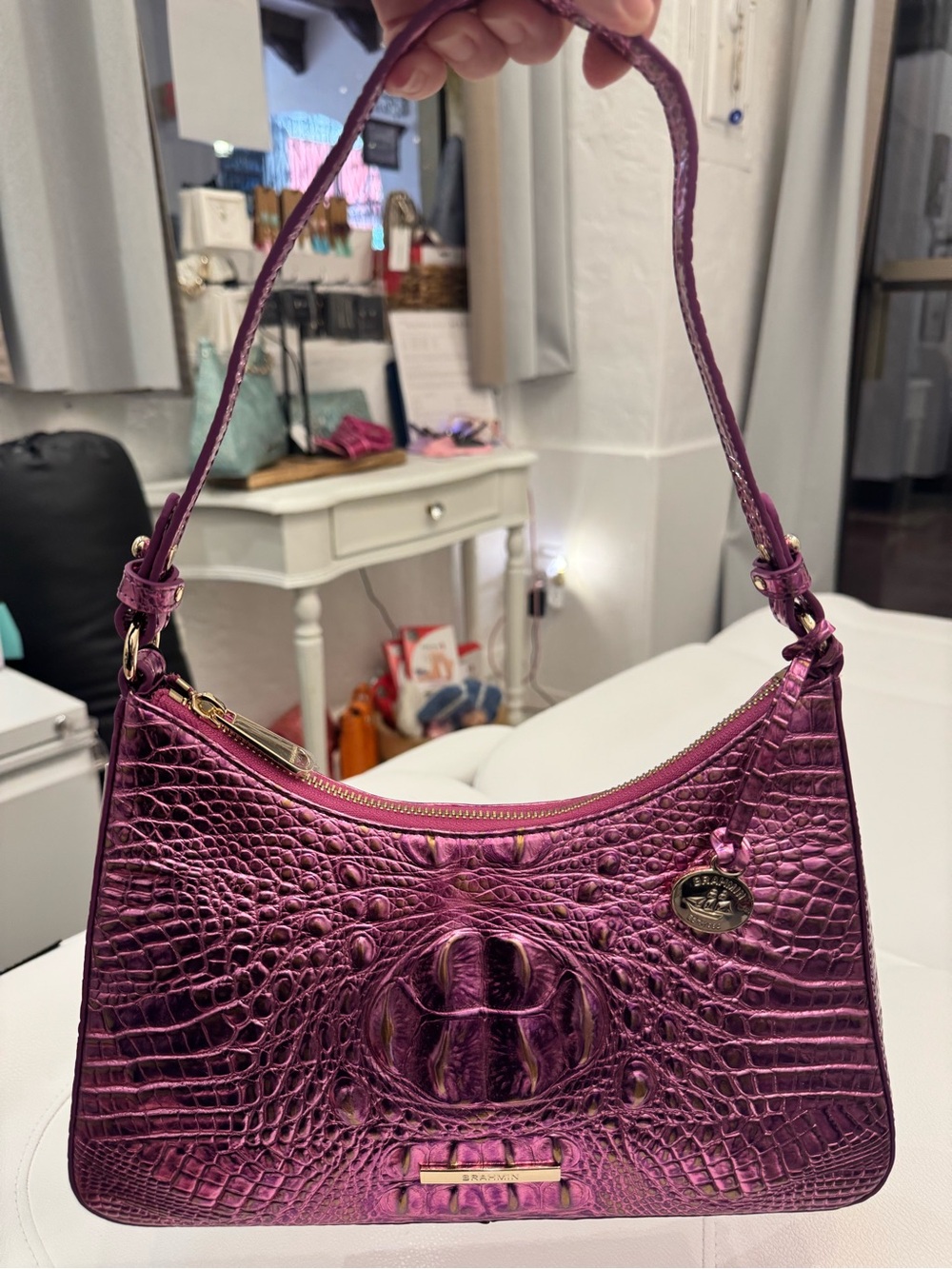 NWT BRAHMIN  Metallic Croc-Embossed Shoulder Bag in Magenta - Picture 3 of 5